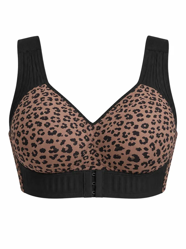 Back-Support Front-Closure Bra, Brown Leopard, studio, front