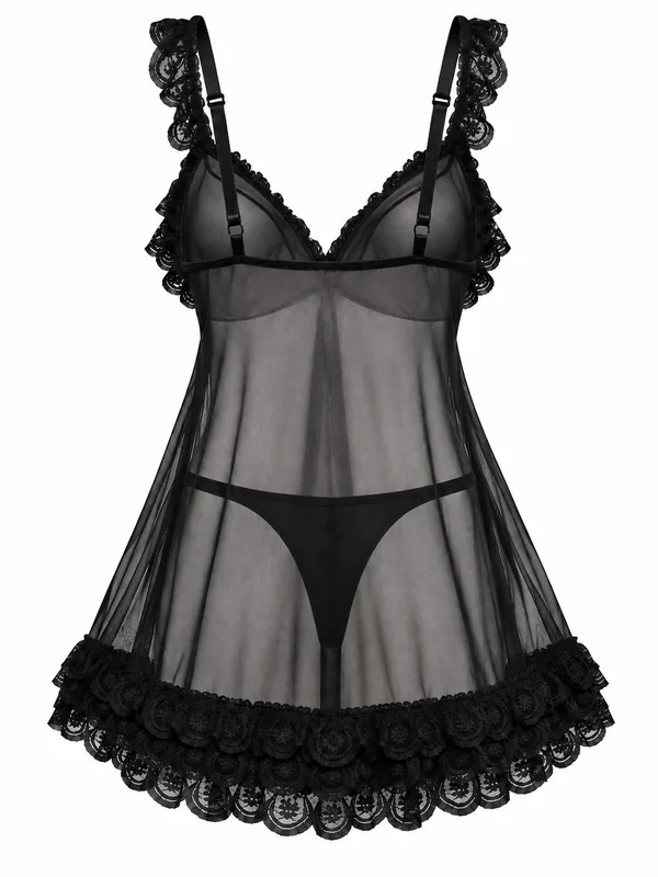 Lace-Trim Mesh Babydoll, Black, studio, back