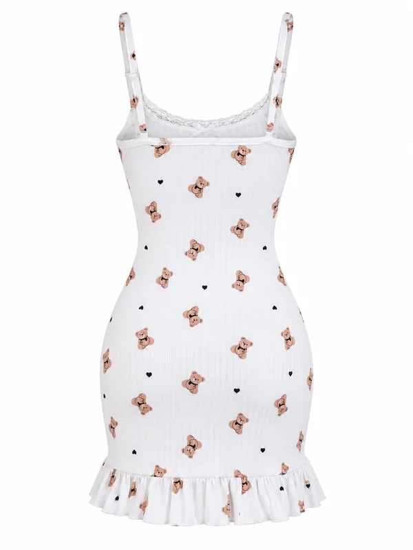 Lace-Trim Ribbed Bear-Print Slip, White, studio, back