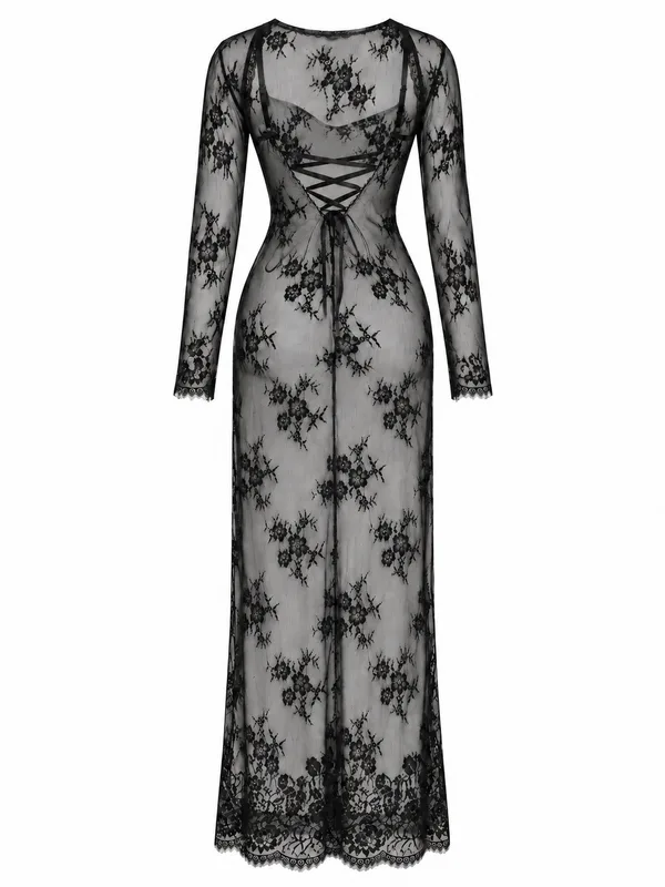 Lace Mesh Long Slip, Black, studio, back