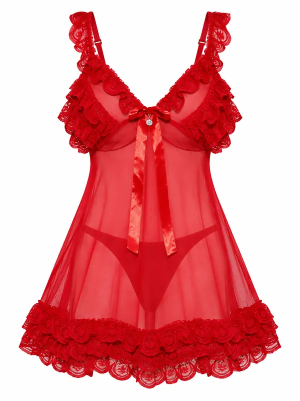 Lace-Trim Mesh Babydoll, Red, studio, front