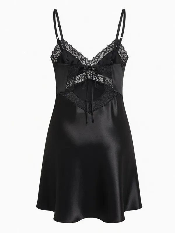Lace-Trim Satin Slip, Black, studio, back