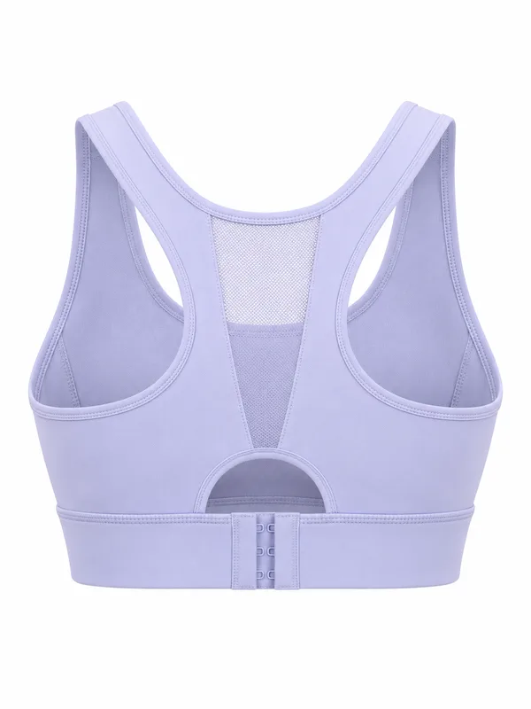 Mesh-Back Racerback Sports Bra, Cloud Lavender, studio, back