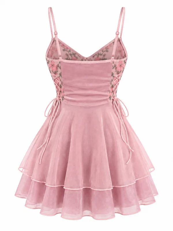 Lace-Up Floral Mesh Babydoll, Dusty Pink, studio, back