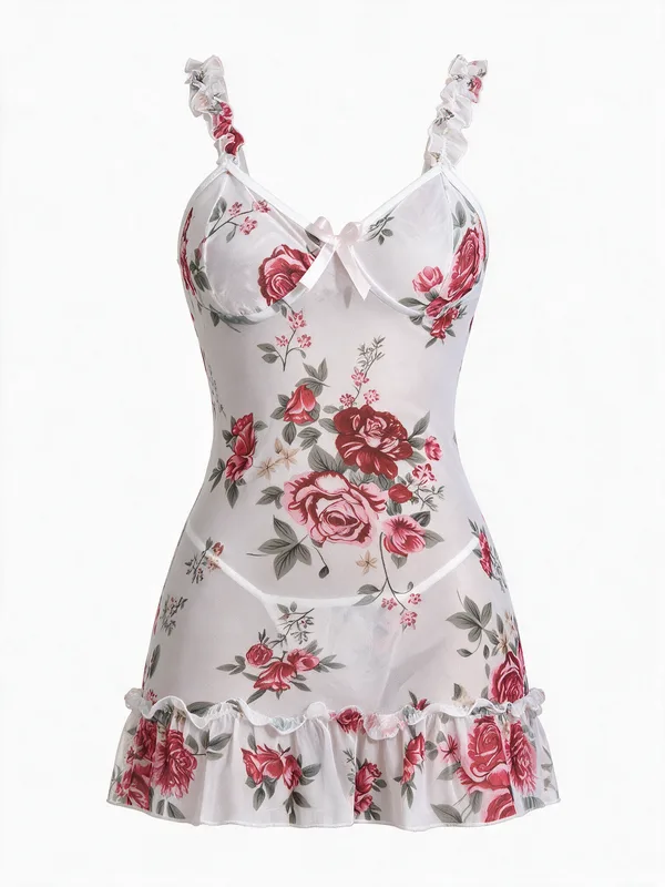 Floral Print Mesh Ruffle-Trim Slip, White, studio, front