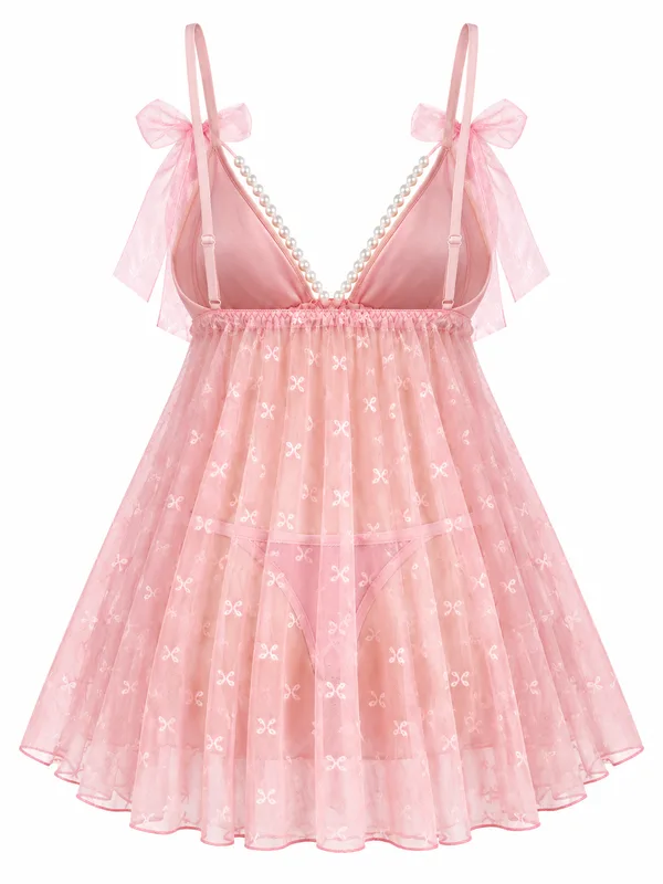 Pearl-Trim Mesh Babydoll, Pink, studio, back