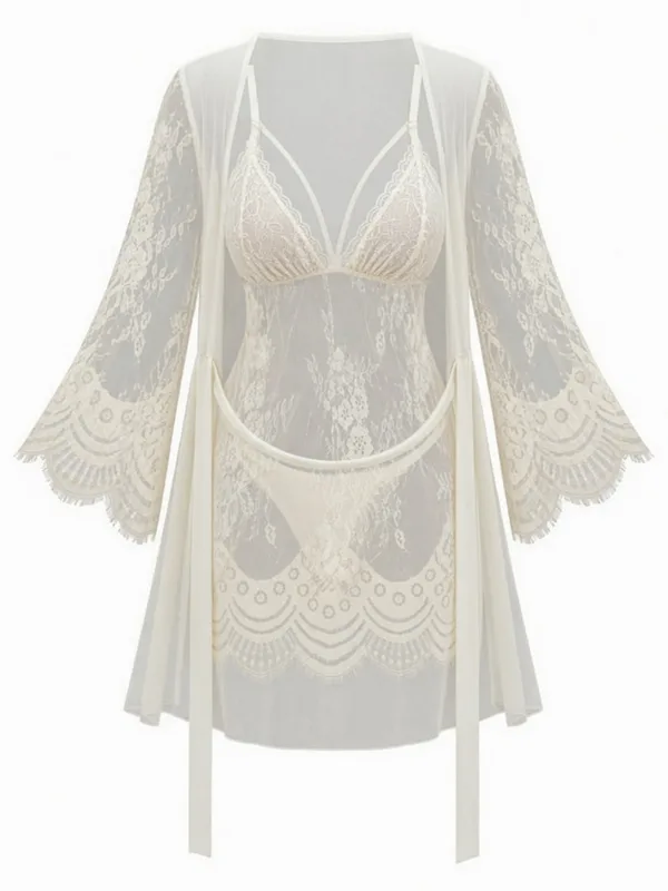 Lace-Trim Mesh Babydoll and Robe, White, studio, front