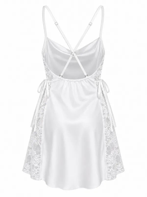 Lace-Trim Satin Slip, White, studio, back