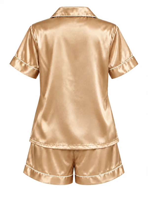 Satin Short-Sleeve Shirt and Shorts Sleepwear, Gold, studio, back