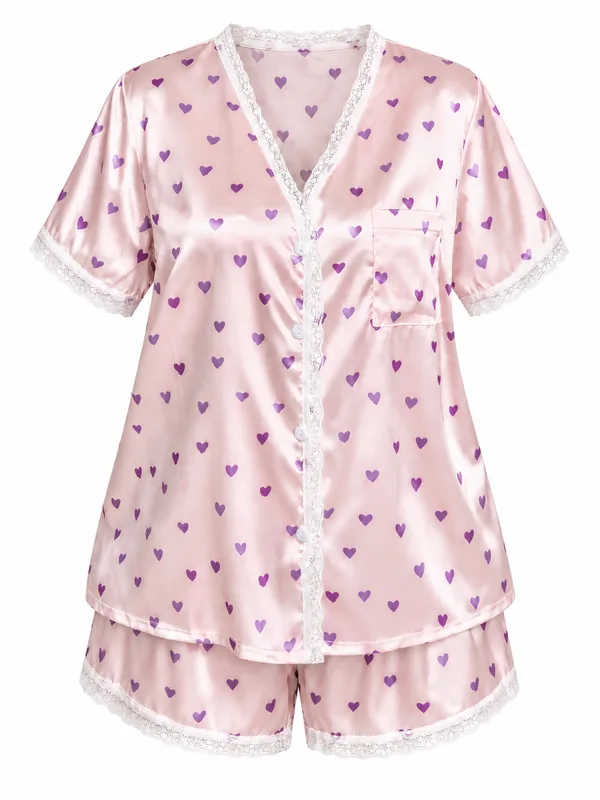 Heart-Print Satin Lace-Trim Pajama Shirt and Shorts, Pink, studio, front