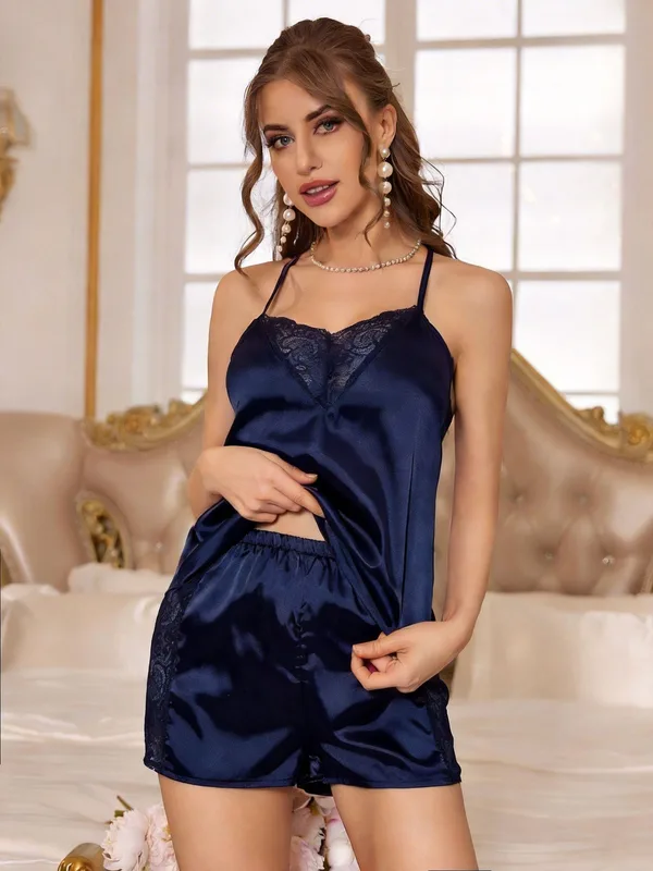 Lace-Trim Satin Camisole and Shorts, Navy, model, front