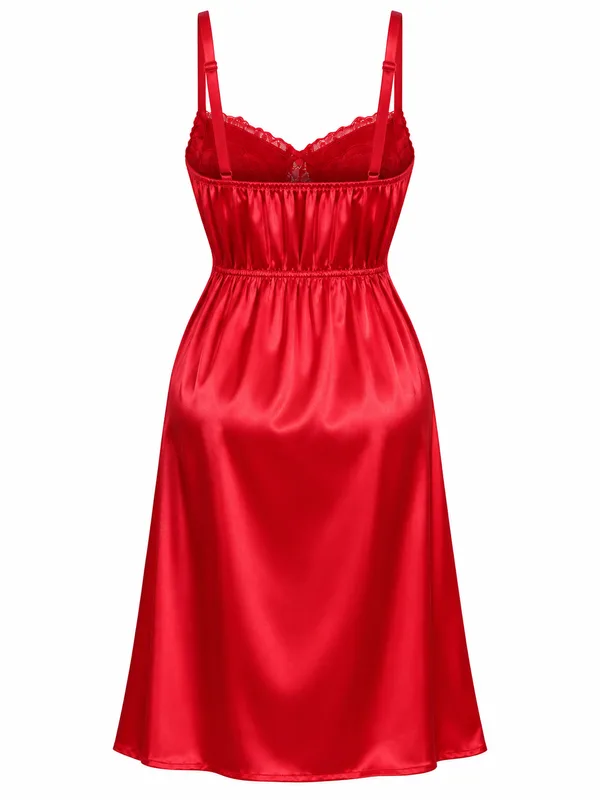 Lace Bodice Satin High-Slit Slip, Red, studio, back