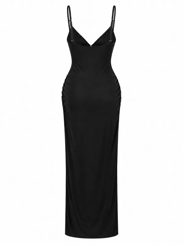 Mesh-Panel Cutout Long Slip Dress, Black, studio, back