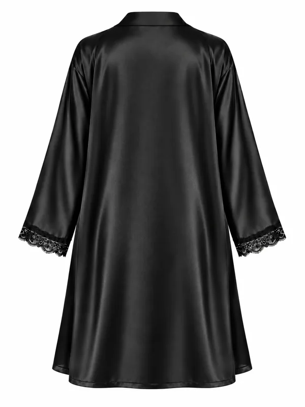 Lace-Trim Satin Babydoll, Black, studio, back