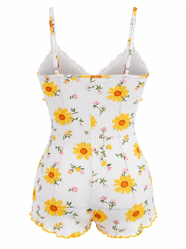 Floral Print Lace-Trim Spaghetti-Strap Romper, White, studio, back