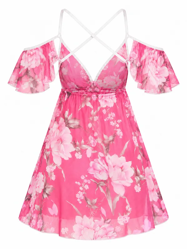 Floral Mesh Cold-Shoulder Babydoll, Pink, studio, back