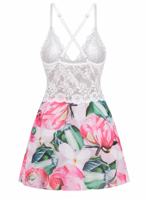 Lace Bodice Floral-Print Babydoll, White, studio, back