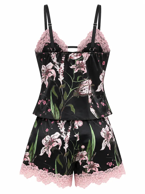 Floral Satin Lace-Trim Camisole and Shorts, Black, studio, back