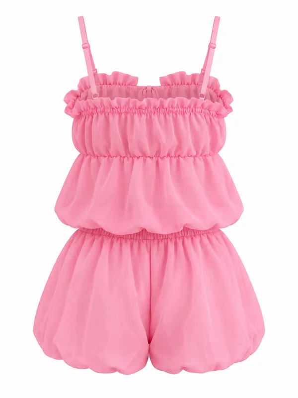 Ruffle-Trim Cami Top and Bubble Shorts, Pink, studio, back