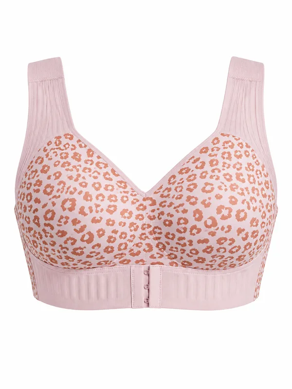 Back-Support Front-Closure Bra, Pink Leopard, studio, front