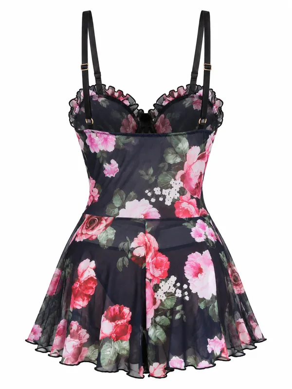 Ruffle-Trim Floral Mesh Babydoll, Navy Blue, studio, back