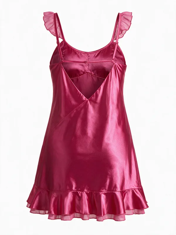 Satin Ruffle-Trim Slip, Fuchsia, studio, back