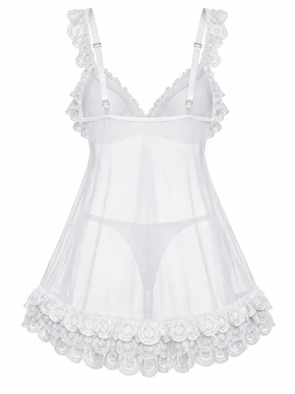 Lace-Trim Mesh Babydoll, White, studio, back