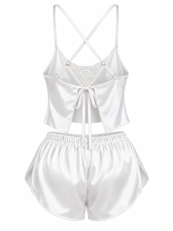 Lace-Trim Satin Camisole and Shorts, White, studio, back