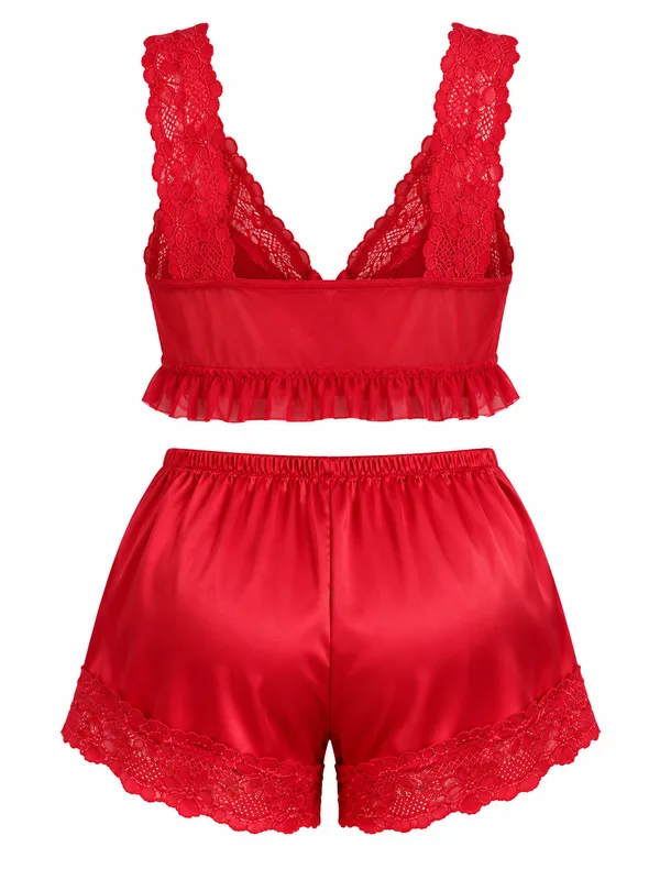 Lace-Trim Satin Ruffled Bralette and Shorts, Red, studio, back
