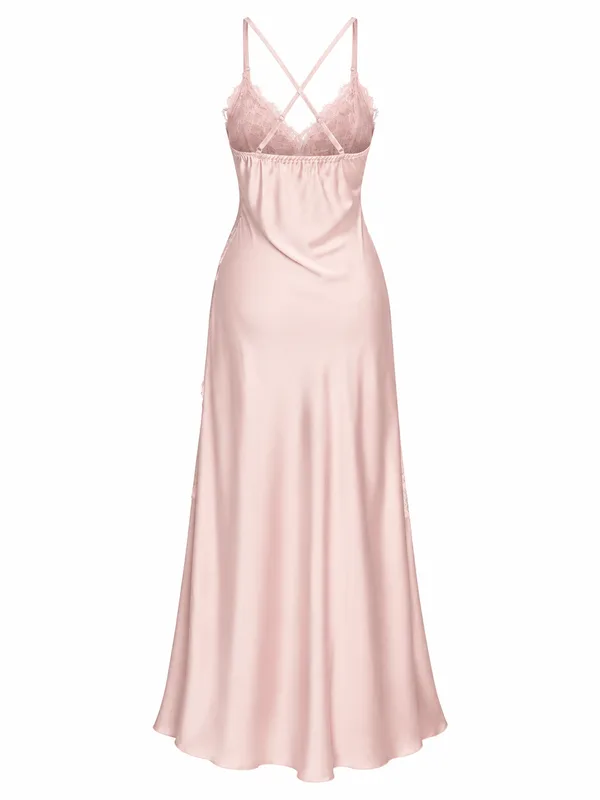 Cross-Back Lace Satin Long Slip, Light Pink, studio, back