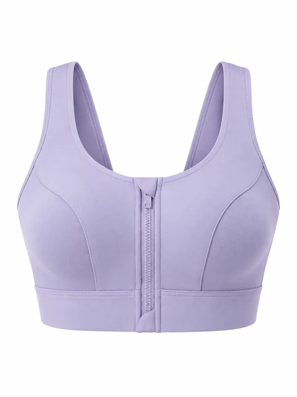 Zip-Front Racerback Sports Bra, Lavender, studio, front