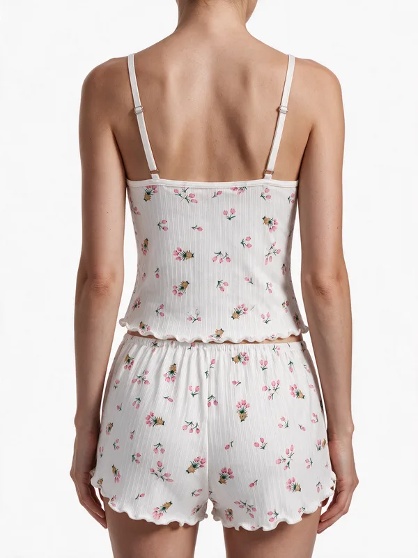 Floral Print Lace-Trim Camisole and Shorts, White, model, back