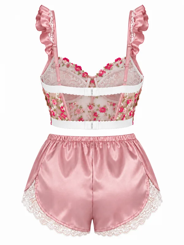 Floral-Embroidered Lace Bra and Satin Shorts, Pink, studio, back