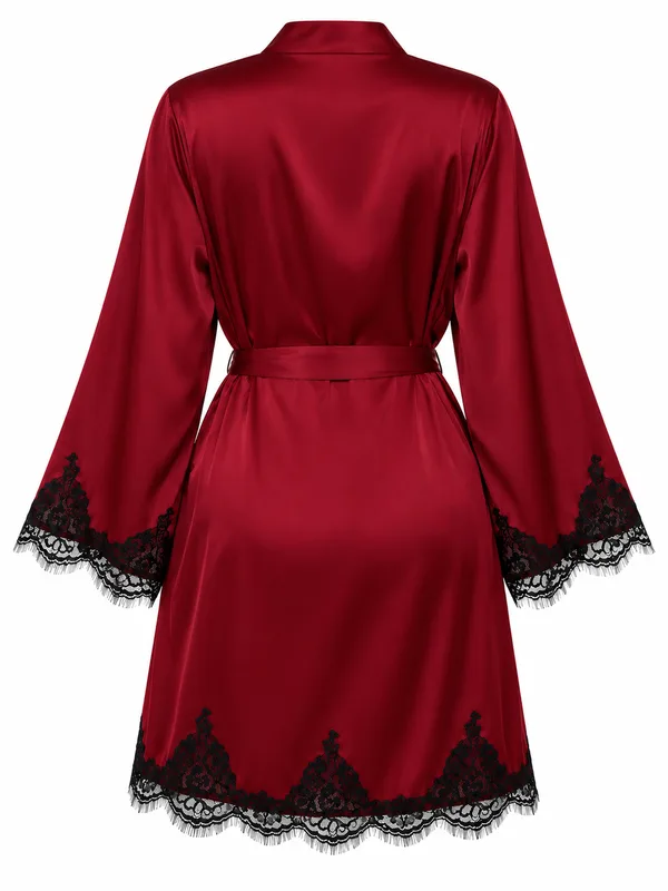 Lace-Trim Satin Robe, Burgundy, studio, back