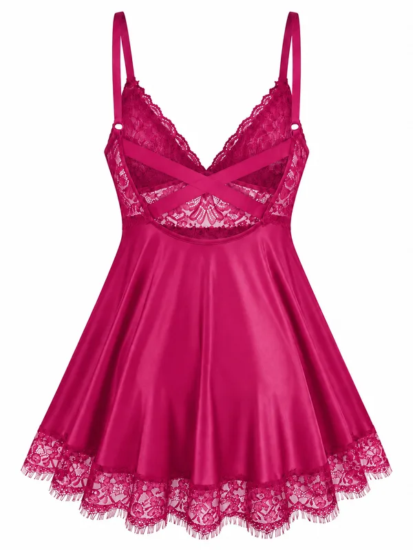 Lace-Trim Satin Babydoll, Fuchsia, studio, back