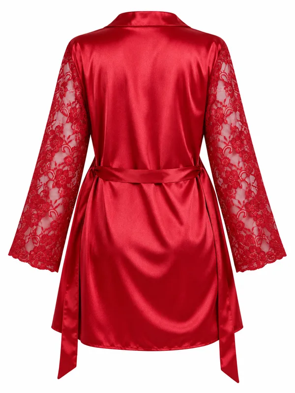Lace Bodice Satin Slip and Lace-Sleeve Robe, Red, studio, back