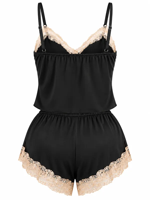 V-Neck Lace-Trim Camisole and Shorts, Black, studio, back