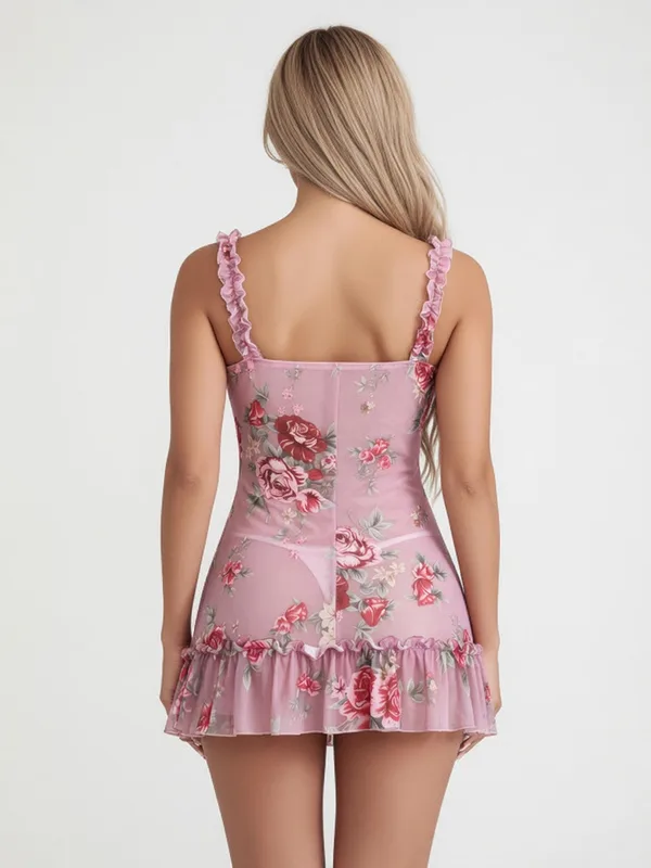 Floral Print Mesh Ruffle-Trim Slip, Pink, model, back