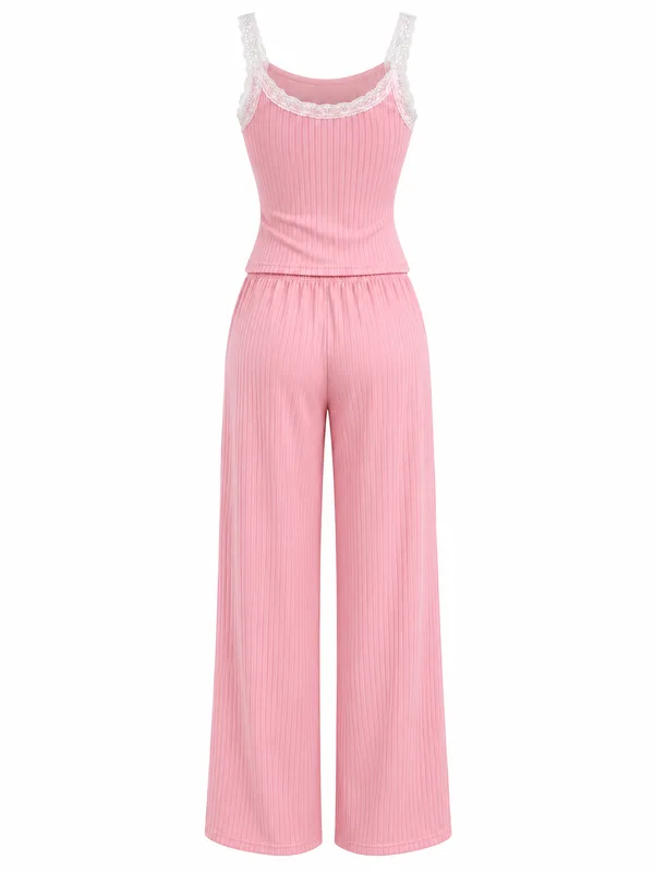 Ribbed Lace-Trim Cami and Wide-Leg Pants, Pink, studio, back