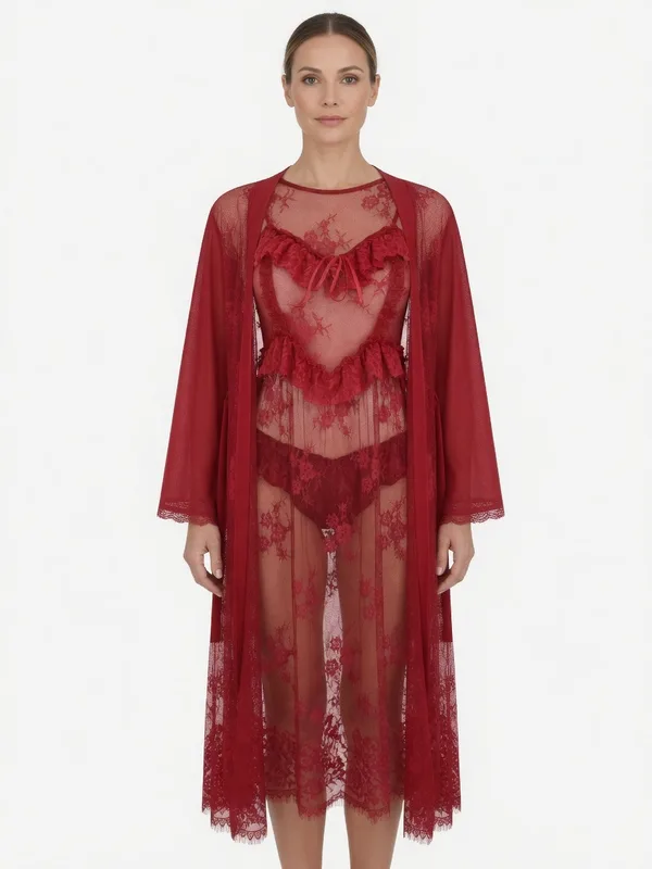 Long Sheer Lace Mesh Robe in Red
