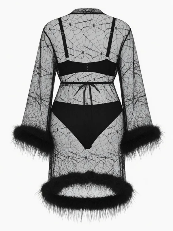Sheer Spiderweb Mesh Feather-Trim Robe with Bra and Panty, Black, studio, back