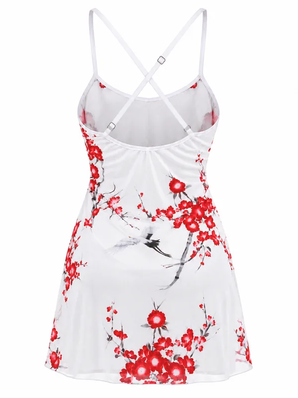 Spaghetti-Strap Floral-Print Babydoll, White, studio, back